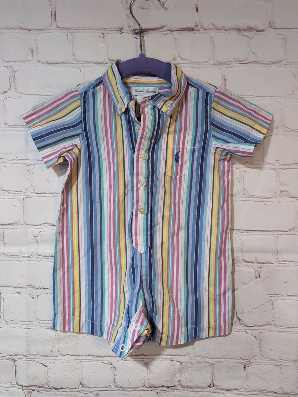 Ralph Lauren 6 M Baby Boy's Short Sleeve Plaid Button-Down Romper Preppy